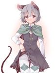  adapted_costume akagashi_hagane alternate_costume animal_ears argyle argyle_legwear blush capelet ear_blush embarrassed gradient gradient_background grey_hair jewelry long_sleeves looking_at_viewer mouse_ears mouse_tail nazrin pantyhose red_eyes shirt short_hair simple_background skirt skirt_lift skirt_set solo string striped striped_shirt striped_skirt sweatdrop tail thighband_pantyhose touhou vest white_legwear white_shirt 
