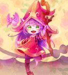  animal_ears ears_through_headwear fangs green_eyes hat league_of_legends long_hair looking_at_viewer lulu_(league_of_legends) mizoreame open_mouth pantyhose pix purple_hair purple_skin staff striped very_long_hair witch_hat 