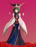  absurdres adapted_costume black_legwear blue_eyes bridal_gauntlets chongtian_yixiao_shualuanfei dress field flower flower_field green_hair hat highres long_sleeves rod_of_remorse shiki_eiki solo spider_lily tassel thighhighs touhou wide_sleeves 
