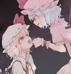  ascot bad_id bad_pixiv_id bat_wings blonde_hair blue_hair dress flandre_scarlet hat hat_ribbon honotai mob_cap multiple_girls open_mouth pink_dress puffy_sleeves red_dress red_eyes remilia_scarlet ribbon saliva short_sleeves siblings sisters smile tongue tongue_grab tongue_out touhou wings 