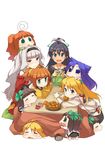  absurdres afuu akane_yuki brown_hair card chibi chihyaa food fruit ganaha_hibiki green_eyes haruka-san highres hoshii_miki idolmaster idolmaster_(classic) kotatsu long_hair mandarin_orange multiple_girls playing_card puchimasu! shijou_takane silver_hair table takatsuki_yayoi under_kotatsu under_table white_background yayo yukipo 