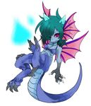  1girl armor blue_hair dark_skin frost_demon_(p&amp;d) head_fins horns midriff monster_girl navel pink_eyes puzzle_&amp;_dragons tail wings 