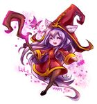  ^_^ bad_id bad_pixiv_id closed_eyes fairy hat league_of_legends long_hair lulu_(league_of_legends) open_mouth pantyhose pix pointy_ears purple_hair purple_skin solo sparkle staff sueyen very_long_hair 