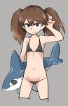  1girl bikini brown_eyes brown_hair chillarism fang female flat_chest frown grey_background midriff navel simple_background solo stuffed_animal stuffed_shark stuffed_toy swimsuit tsurime twintails 