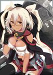  between_legs black_legwear breasts brown_eyes budget_sarashi dark_skin fingerless_gloves glasses gloves highres kantai_collection large_breasts looking_at_viewer mokyutan musashi_(kantai_collection) nail_polish navel pointy_hair sarashi semi-rimless_eyewear short_hair_with_long_locks solo thighhighs under-rim_eyewear white_hair 