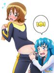  aqua_hair ass assisted_exposure blue_eyes blush brown_eyes brown_hair butt_crack candy embarrassed food happinesscharge_precure! long_hair looking_back mameshiba multiple_girls oomori_yuuko open_mouth panties pants_pull pantsing precure pulled_by_another shirayuki_hime short_hair simple_background towel track_suit underwear white_panties 