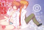  1girl back-to-back bad_id bad_pixiv_id barefoot blonde_hair blue_eyes blush breasts brown_hair cleavage cover cover_page doujin_cover finger_to_face glasses hetero holding_hands large_breasts loky long_hair lyrical_nanoha mahou_shoujo_lyrical_nanoha_strikers open_clothes open_shirt orange_hair panties shirt side_ponytail sitting smile sweatdrop takamachi_nanoha underwear wavy_mouth yuuno_scrya 