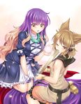  blonde_hair blush breasts brown_eyes brown_hair dress earmuffs gradient_hair hijiri_byakuren large_breasts long_hair looking_at_viewer miyuki_rei multicolored_hair multiple_girls one_eye_closed open_mouth petals purple_hair short_hair sideboob small_breasts smile touhou toyosatomimi_no_miko two-tone_hair 