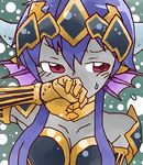  1girl armor blue_hair dark_skin frost_demon_(p&amp;d) head_fins horns monster_girl purple_eyes puzzle_&amp;_dragons 
