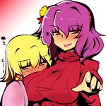  alternate_costume blonde_hair blush breasts flustered hair_between_eyes hair_ornament hair_tubes hairband hand_on_another's_chest large_breasts long_sleeves looking_at_another looking_at_viewer moriya_suwako multiple_girls nekokokazuma pointing pointing_at_viewer purple_hair red_eyes ribbed_sweater short_hair simple_background straight_hair sweater tongue tongue_out touhou turtleneck wavy_hair yasaka_kanako yellow_eyes 