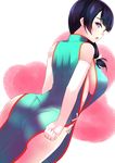  arched_back ass bare_shoulders black_hair blue_eyes breasts china_dress chinese_clothes dress elbow_gloves gloves large_breasts looking_at_viewer looking_back open_mouth original pantylines ponkotsu_(ayarosu) side_slit sideboob sleeveless solo transparent_background 