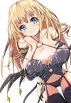  bare_shoulders black_legwear blonde_hair blue_eyes blush breasts bust_cup cover demon_girl demon_tail elbow_gloves garter_belt gloves highres large_breasts long_hair looking_at_viewer low_wings milk milk_succubus_oshikake_inma_wa_junjou_shoujo navel o-ring o-ring_bottom o-ring_top smile solo tail thighhighs velia white_background wings 
