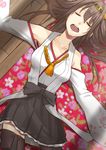  armpits bad_id bad_pixiv_id brown_hair closed_eyes detached_sleeves drooling hairband highres japanese_clothes kantai_collection kongou_(kantai_collection) long_hair lying nontraditional_miko open_mouth rane_(etsu) saliva sleeping solo thighhighs 