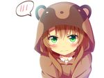  3: animal_hood bad_id bad_pixiv_id blush brown_hair green_eyes hood koshigaya_komari long_hair looking_at_viewer non_non_biyori raccoon_costume shefu simple_background solo speech_bubble spoken_blush upper_body white_background 