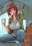  blush breasts brown_eyes brown_hair camping cup jpeg_artifacts knapsack large_breasts looking_at_viewer open_mouth rozen_maiden short_hair solo souseiseki sweatshirt tent tsuda_nanafushi 