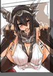 1girl all_fours bare_shoulders black_hair black_legwear black_thighhighs bouncing_breasts breasts cleavage elbow_gloves female fingerless_gloves gloves hair_ornament huge_breasts kantai_collection legwear long_hair nagato_(kantai_collection) red_eyes saliva shiro_gisu sideboob sketch solo thighhighs tongue 