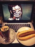  2d_dating brown_hair closed_eyes commentary computer food fork grin hot_dog laptop nyoro_mutou painwheel_(skullgirls) photo scar skullgirls smile spoilers 