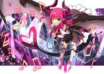  beamed_eighth_notes blue_eyes claws detached_sleeves dragon_tail dress eighth_note elizabeth_bathory_(fate) elizabeth_bathory_(fate)_(all) fang fate/extra fate/extra_ccc fate_(series) heart heart_tail horns kon_manatsu long_hair microphone musical_note one_eye_closed pink_hair pointy_ears pointy_shoes quarter_note shoes solo tail two_side_up wings 