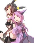  :o animal_ears annoyed back-to-back black_hair breasts earrings espeon facial_mark forehead_mark gen_2_pokemon hoop_earrings jewelry long_hair medium_breasts multiple_girls open_mouth personification pokemon purple_eyes purple_hair red_eyes short_hair_with_long_locks sketch takeshima_(nia) umbreon underboob white_background 