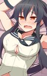  9law black_hair blush breasts highres kantai_collection large_breasts long_hair open_mouth red_eyes school_uniform serafuku shirt signature sketch solo tears tight_shirt twitter_username wavy_mouth yahagi_(kantai_collection) 