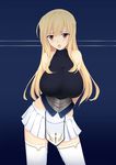  arms_behind_back bare_shoulders blonde_hair blush breast_expansion breasts highres huge_breasts knight leotard long_hair mind_control nehani_(tworship) open_mouth original pleated_skirt pussy_juice pussy_juice_trail red_eyes skirt solo tears thighhighs white_legwear zettai_ryouiki 