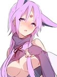  animal_ears blush breasts covered_nipples elbow_gloves espeon facial_mark fingerless_gloves forehead_mark gen_2_pokemon gloves looking_at_viewer medium_breasts open_mouth personification pokemon purple_eyes purple_hair shirt_lift sketch solo sweatdrop takeshima_(nia) underboob white_background 