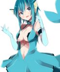  blue_eyes blue_hair breasts center_opening cleavage elbow_gloves gen_1_pokemon gloves head_fins large_breasts mermaid monster_girl navel personification pokemon short_hair solo takeshima_(nia) vaporeon white_background 