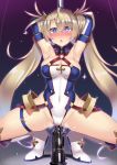  armpits arms_up blonde_hair blue_eyes blush boots bradamante_(fate/grand_order) breasts breath cleavage covered_navel dildo elbow_gloves erect_nipples fate/grand_order fate_(series) faulds gloves groin hair_ornament heart heart-shaped_pupils highres kutan leotard long_hair medium_breasts navel pole pole_dancing solo sweat symbol-shaped_pupils twintails very_long_hair 