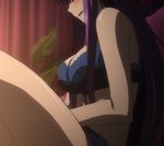  1girl blue_bra blue_panties blush bra breasts etou_fujiko eyes_closed highres ichiban_ushiro_no_daimaou large_breasts lingerie long_hair open_mouth panties purple_hair sitting solo stitched underwear very_long_hair 