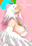  bad_id bad_pixiv_id breasts feathers glasses huge_breasts kusagami_style lips open_mouth orange_eyes original pink_background signature solo 