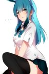  1girl animal_ears black_legwear blue_eyes blue_hair gen_4_pokemon glaceon long_hair personification pokemon school_uniform solo takeshima_(nia) thighhighs white_background 