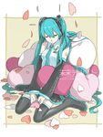  aqua_hair boots closed_eyes detached_sleeves hatsune_miku heart highres long_hair mirai_delivery miyama_fugin necktie sitting skirt sleeping sleeping_upright solo thigh_boots thighhighs twintails very_long_hair vocaloid wariza 