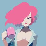  blue_background breasts coffee_mug commentary_request cup hair_over_one_eye lips looking_at_viewer medium_breasts mug open_clothes open_shirt original pink_eyes pink_hair shirt sleeves_pushed_up smile solo yojio_(2188) 