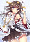  bare_shoulders blush breasts brown_hair detached_sleeves double_bun frilled_skirt frills hair_ornament hairband headgear japanese_clothes kantai_collection kongou_(kantai_collection) large_breasts light_smile long_hair nontraditional_miko panties pantyshot ribbon-trimmed_sleeves ribbon_trim skirt smile solo umeko_(koori_ume) underwear white_panties 