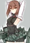  armpits arms_behind_head arms_up bike_shorts brown_hair headgear highres kantai_collection light_smile looking_at_viewer microskirt mizuse_kouichi short_hair skirt solo taihou_(kantai_collection) yellow_eyes 