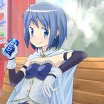  armband bench blue_eyes blue_hair brand_name_imitation can cape drink gloves hair_ornament hairclip highres magical_girl mahou_shoujo_madoka_magica mahou_shoujo_madoka_magica_movie miki_sayaka pocari_sweat product_placement short_hair smile solo soul_gem teikiatsu vending_machine 