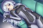  aila_jyrkiainen bodysuit breasts couch covered_navel gundam gundam_build_fighters jewelry kamomen long_hair lying necklace on_back purple_eyes silver_hair small_breasts solo tears 