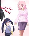  :d akemi_homura bag black_hair black_legwear blood earrings hayashiya_zankurou holding_hands if_they_mated ips_cells jewelry kaname_madoka kindergarten_bag long_hair mahou_shoujo_madoka_magica mother_and_daughter multiple_girls nosebleed open_mouth pantyhose pink_eyes pink_hair ribbed_sweater ribbon school_uniform sheer_legwear skirt smile sweater yuri 