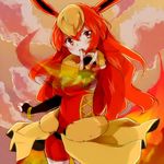  animal_ears blonde_hair blush bracelet elbow_gloves fingerless_gloves fire flareon gen_1_pokemon gloves jewelry jpeg_artifacts long_hair multicolored_hair open_mouth personification pokemon red_eyes red_hair red_sky sky solo takeshima_(nia) two-tone_hair 