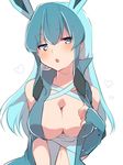  :o animal_ears blue_eyes blue_hair blush breasts cleavage gen_4_pokemon glaceon heart jitome large_breasts long_hair personification pokemon solo takeshima_(nia) tareme 