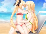  2girls age_difference beach bikini blonde_hair blue_eyes blush cloud eye_contact eyes_closed houraisen_rena houraisen_runa incest long_hair looking_at_another multiple_girls peko siblings side-tie_bikini sisters sky sling_bikini sono_hanabira_ni_kuchizuke_wo swimsuit yuri 