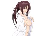  1girl areolae blush body_blush breasts brown_eyes brown_hair bust collarbone female hair_between_eyes hands highres kujou_rin long_hair looking_at_viewer naked_shirt navel nipples open_clothes open_mouth open_shirt ponytail shiny shiny_skin shirt simple_background solo to_love-ru to_love-ru_darkness upper_body vector_trace wet white_background white_shirt wide_sleeves 