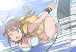  aircraft bikini bright_pupils brown_hair falling green_eyes headphones helicopter i_(deichi) ladder long_hair one_eye_closed original parachute skydive solo swimsuit 