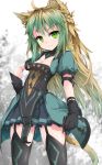  1girl animal_ear_fluff animal_ears atalanta_(fate) bangs black_gloves black_legwear blurry blurry_background breasts brown_hair cat_ears cat_girl cat_tail cleavage closed_mouth commentary_request depth_of_field dress eyebrows_visible_through_hair fate/apocrypha fate_(series) garter_straps gloves gradient_hair green_dress green_eyes green_hair hand_on_hip head_tilt long_hair multicolored_hair puffy_short_sleeves puffy_sleeves short_sleeves small_breasts solo tail thighhighs uumaru v-shaped_eyebrows very_long_hair white_background 