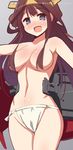  9law :d blue_eyes blush brown_hair fundoshi hair_censor headgear highres japanese_clothes kantai_collection kongou_(kantai_collection) long_hair looking_at_viewer navel no_pants open_mouth signature sketch smile solo topless twitter_username underwear underwear_only 