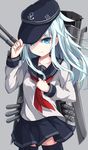  adjusting_clothes adjusting_hat black_legwear blue_eyes hat hibiki_(kantai_collection) highres kantai_collection long_hair rin_yuu school_uniform serafuku silver_hair skirt solo thighhighs 