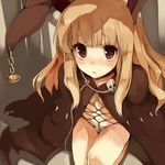  1girl :&lt; animal_ears arm_behind_back bangs bdsm blonde_hair blush bondage bound bunny_ears cape chains chastity_belt crotch_rope flat_chest from_above long_hair looking_at_viewer looking_up monorino morino navel original red_eyes rope seiza shibari shibari_under_clothes sitting skull solo tears 