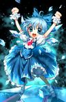  ahoge arms_up blue blue_dress blue_eyes blue_hair cirno clenched_hands dress happy highres ice ice_wings icicle_fall open_mouth puffy_short_sleeves puffy_sleeves raised_fists short_hair short_sleeves smile solo touhou wadani_hitonori wings wrist_cuffs 