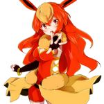 animal_ears blonde_hair blush bracelet elbow_gloves fingerless_gloves flareon gen_1_pokemon gloves jewelry jpeg_artifacts long_hair multicolored_hair open_mouth personification pokemon red_eyes red_hair solo takeshima_(nia) two-tone_hair 