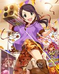  artist_request black_hair camouflage camouflage_pants confetti crook_and_flail earrings green_eyes halloween hieroglyphics idolmaster idolmaster_cinderella_girls jack-o'-lantern jack-o'-lantern_earrings jewelry looking_at_viewer morikubo_nono multiple_girls official_art pants party ponytail rocket_launcher sarcophagus ueda_suzuho weapon yamato_aki 